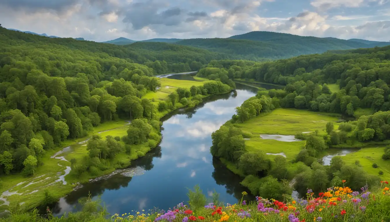 A serene landscape with a winding river surrounded by lush green forests and colorful wildflowers.