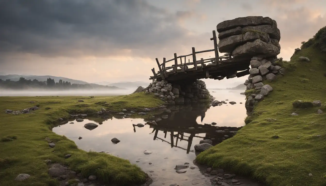 A serene landscape with a broken bridge symbolizing the concept of broken link building in SEO.