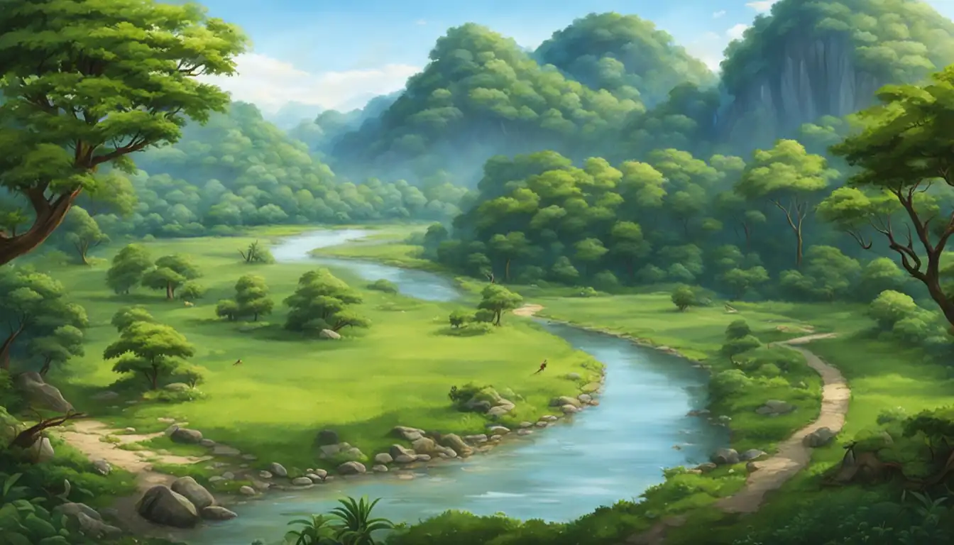 A serene landscape with a winding river, lush greenery, and a clear blue sky.