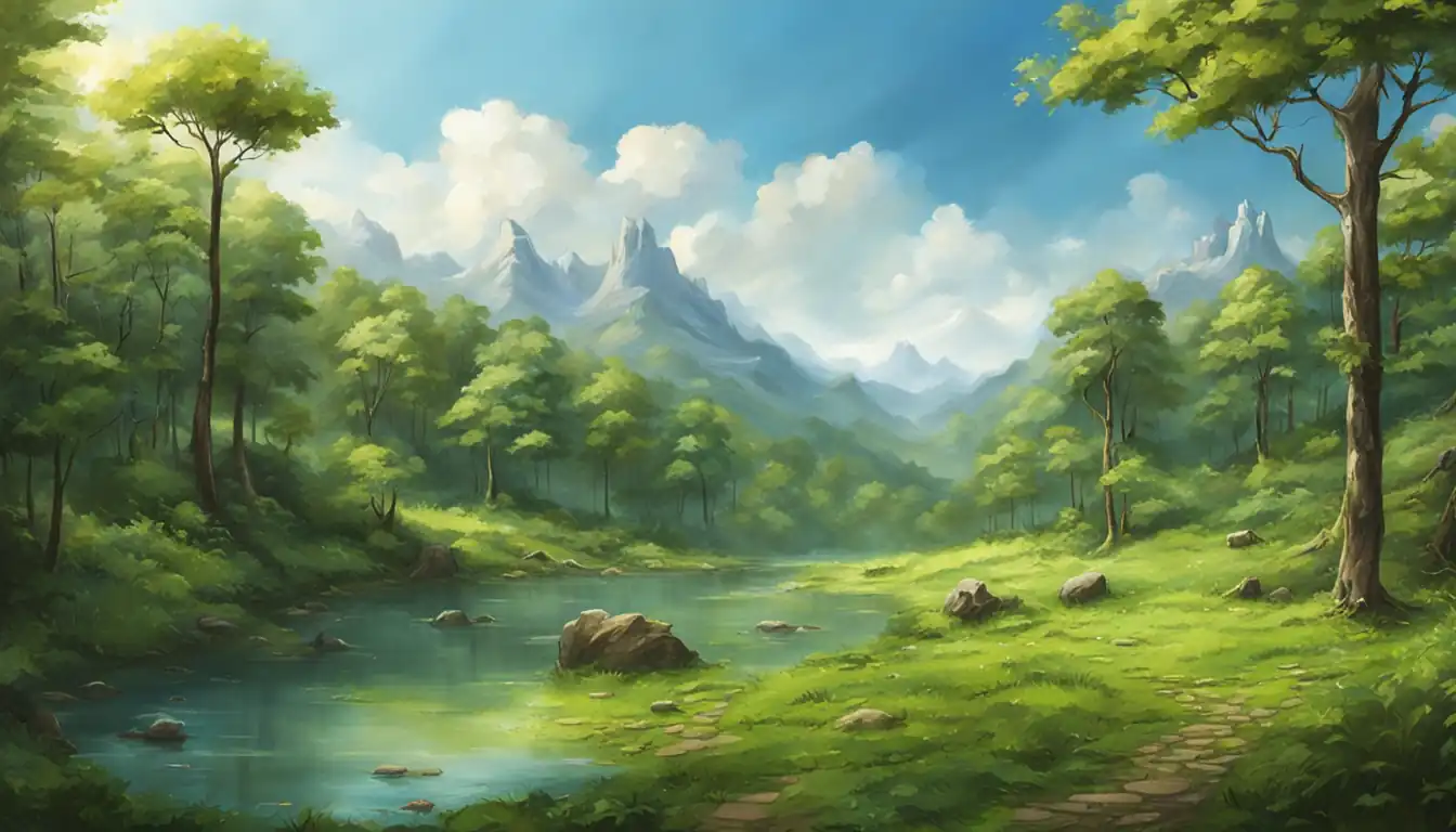 A serene nature scene with a lush green forest and a clear blue sky.