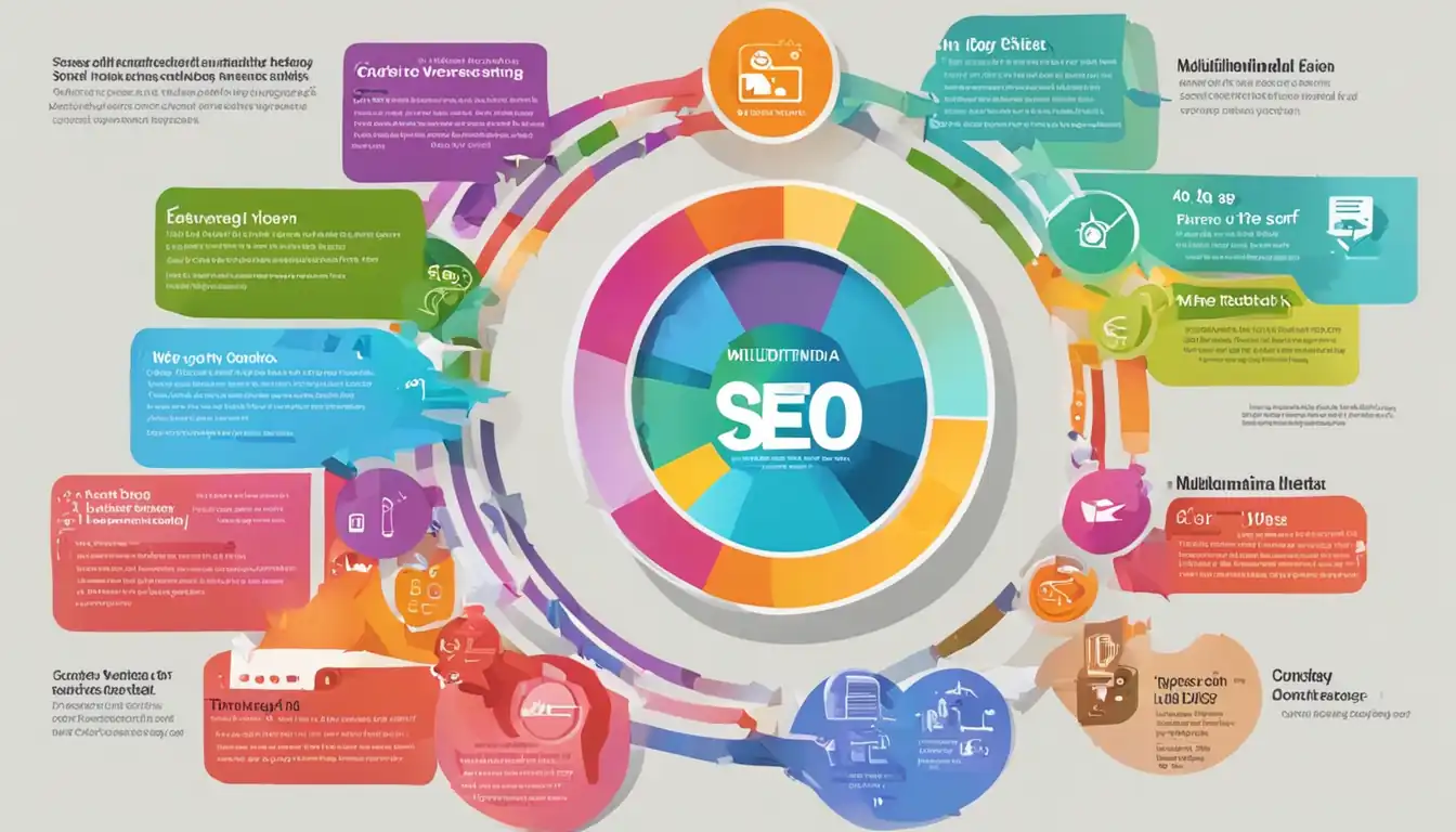 A colorful infographic displaying the benefits of multimedia integration in SEO content.