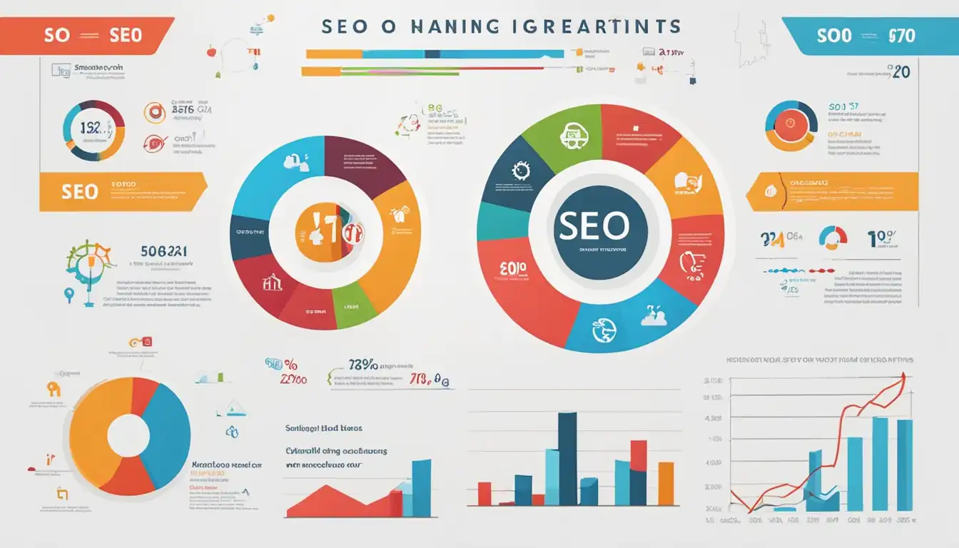 Colorful infographic displaying SEO statistics with charts, graphs, and icons in a modern, sleek design.