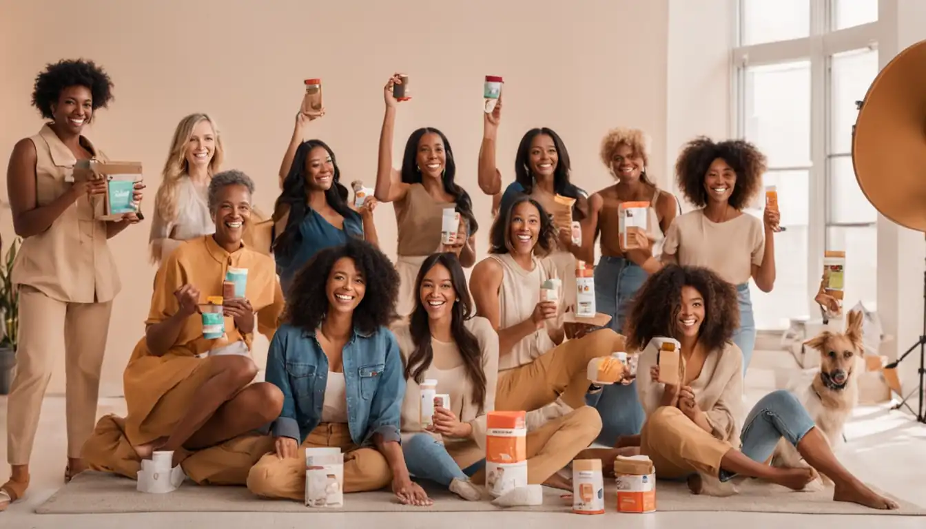 A diverse group of smiling influencers holding up products in a bright, well-lit studio setting.