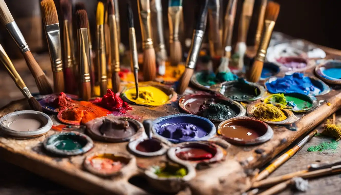 A colorful array of paintbrushes and tubes of paint on a wooden artist's palette.