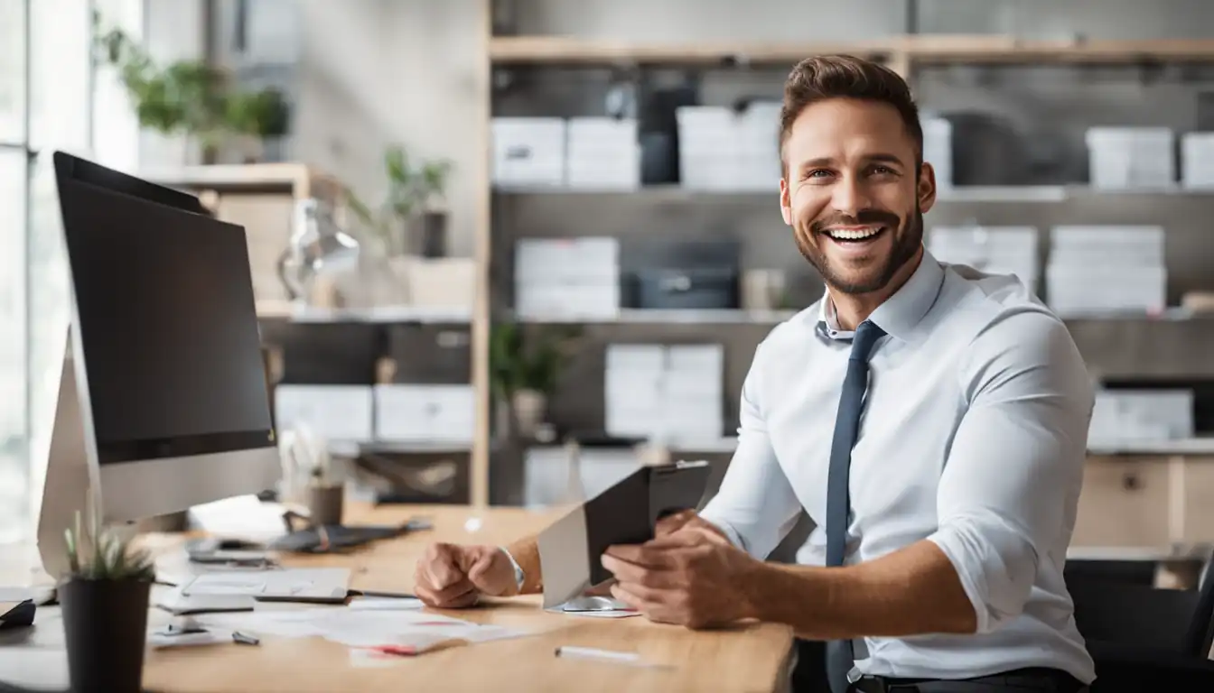 A smiling entrepreneur showcasing their successful niche content repackaging strategy in a modern office setting.