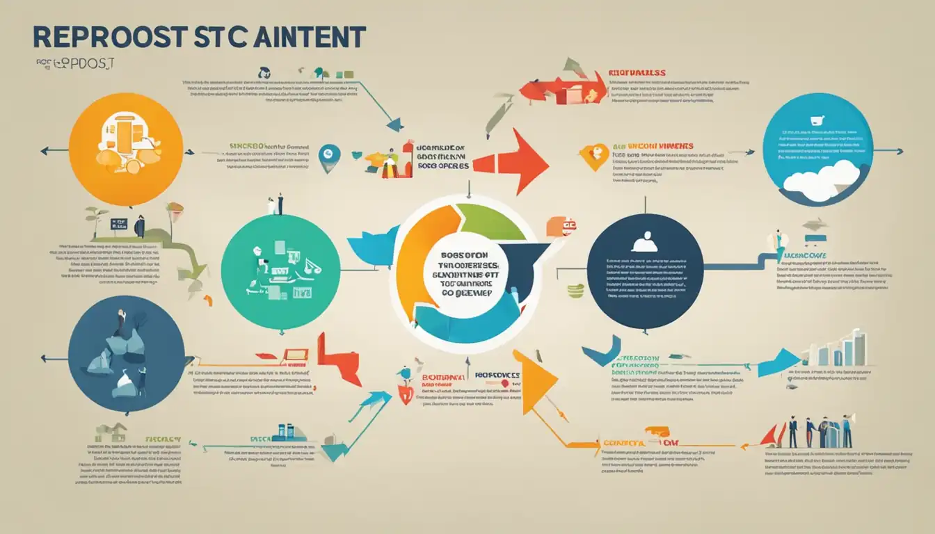 A colorful infographic showcasing various ways to repurpose content, with arrows pointing to different strategies.