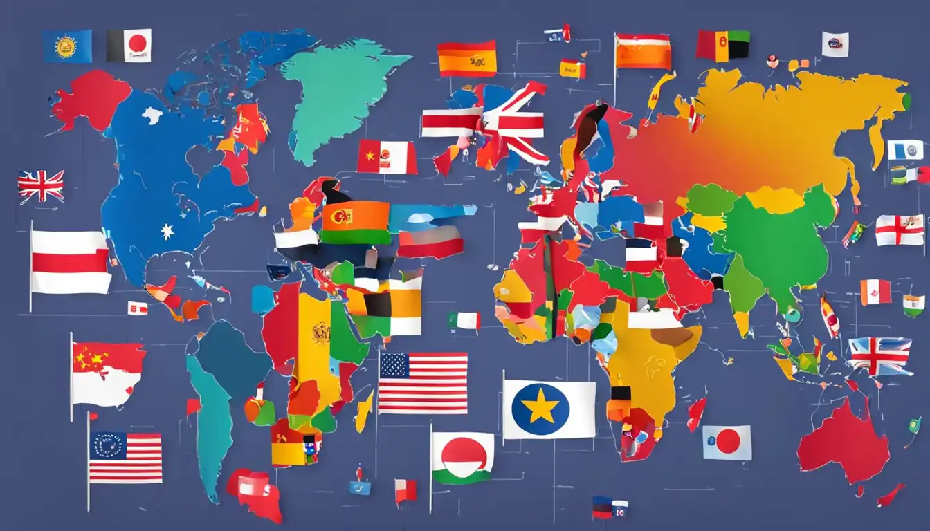 A colorful world map with different flags representing various languages, surrounded by digital icons.