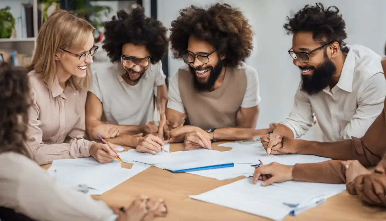 A diverse team of translators collaborating on a project, showcasing teamwork and cultural diversity.