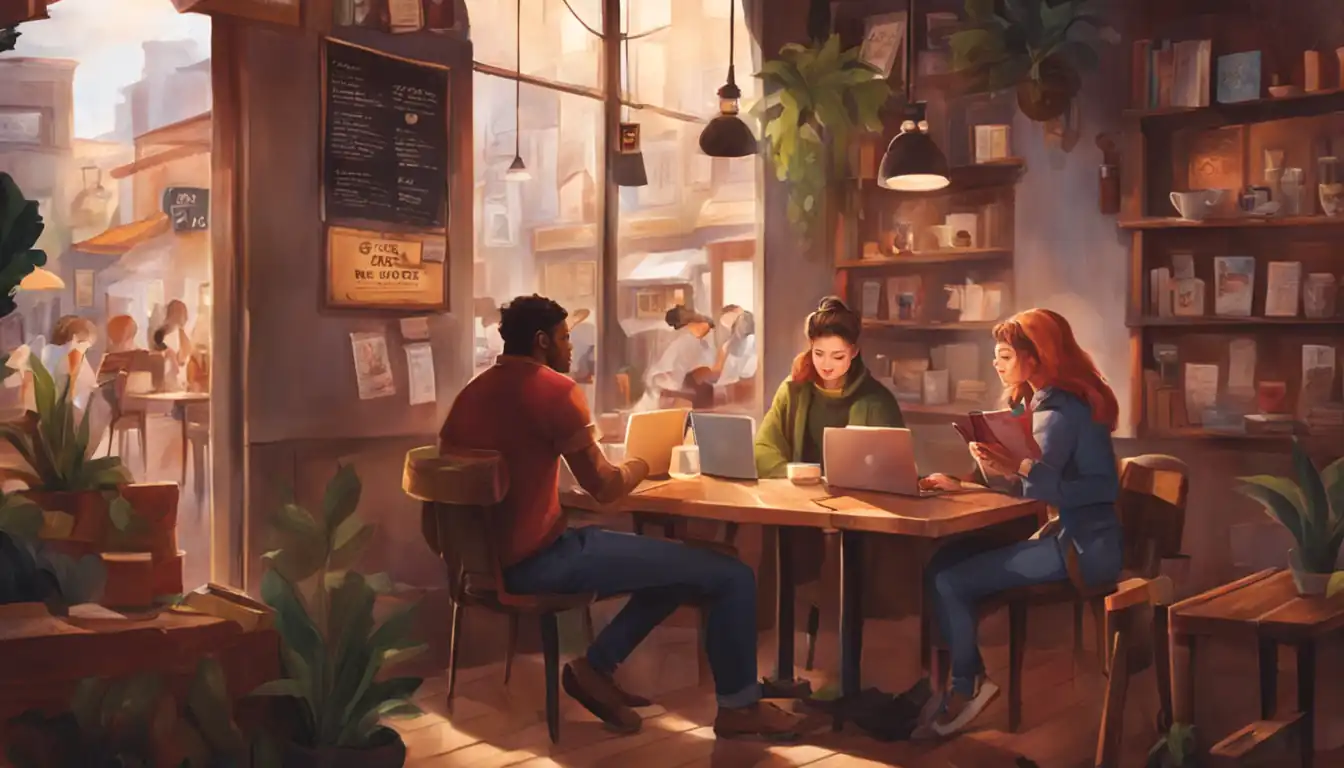 A cozy cafe with diverse patrons enjoying niche content on their laptops and books.