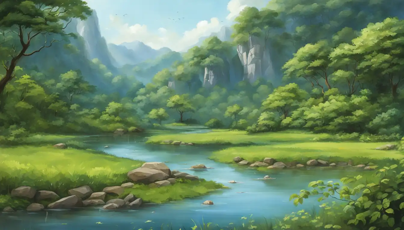 A serene landscape with a winding river, lush greenery, and a clear blue sky.