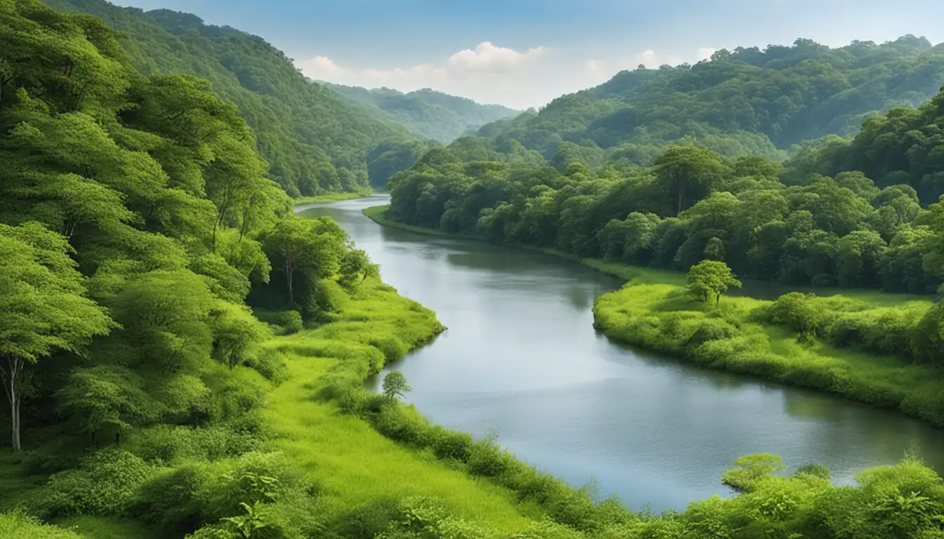 A serene landscape with a winding river, lush greenery, and a clear blue sky.