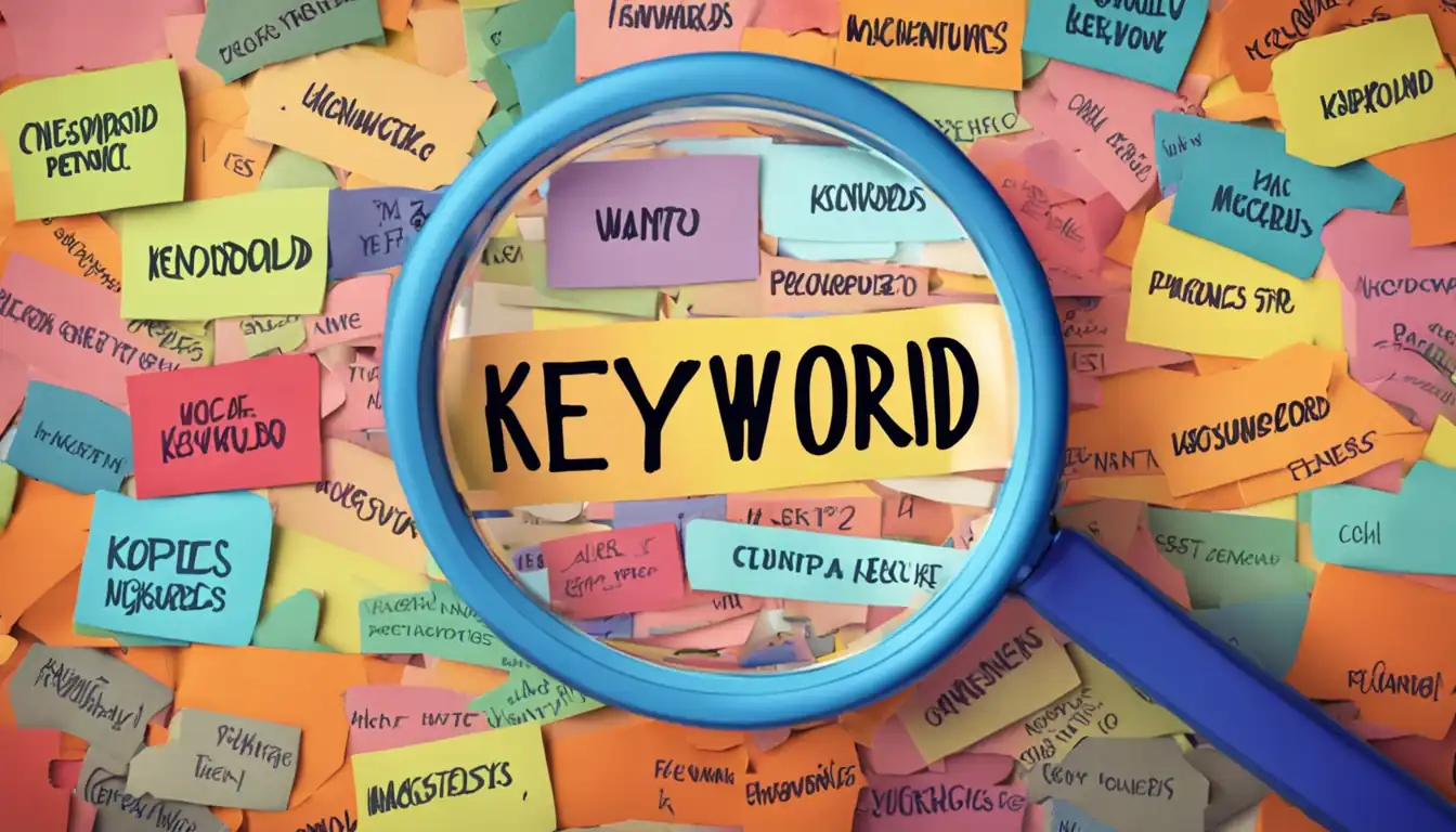 A colorful magnifying glass focusing on a specific keyword phrase among a variety of keywords.