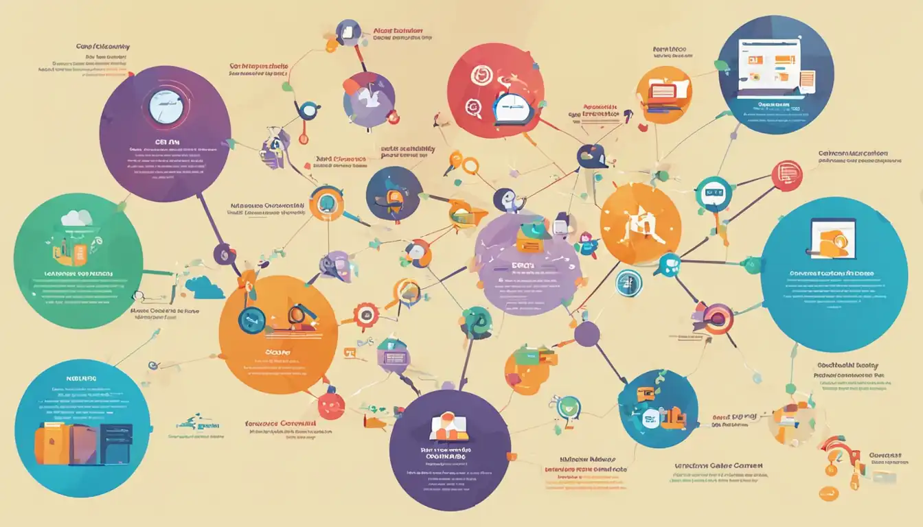 A colorful infographic showing the interconnectivity of various SEO elements like keywords, backlinks, and content quality.