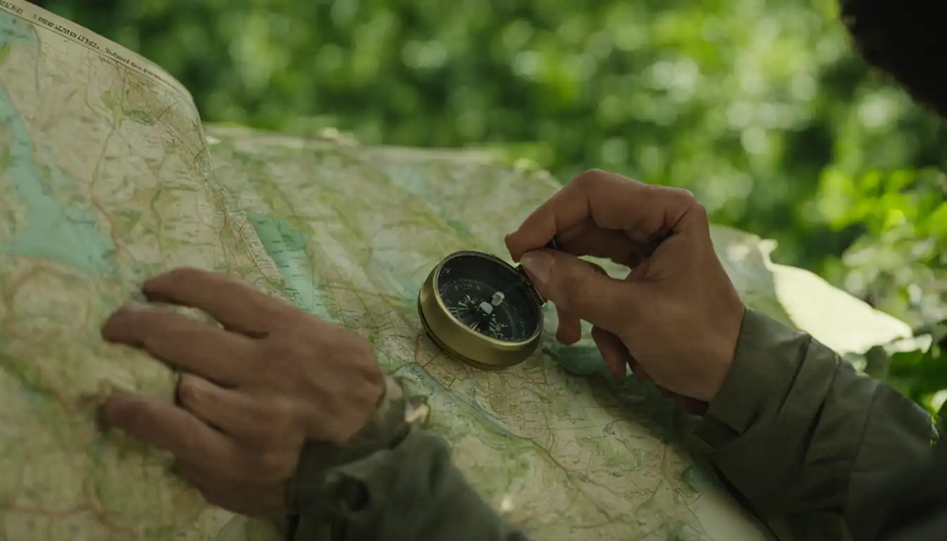 A person adjusting a compass on a map, surrounded by greenery and sunlight.