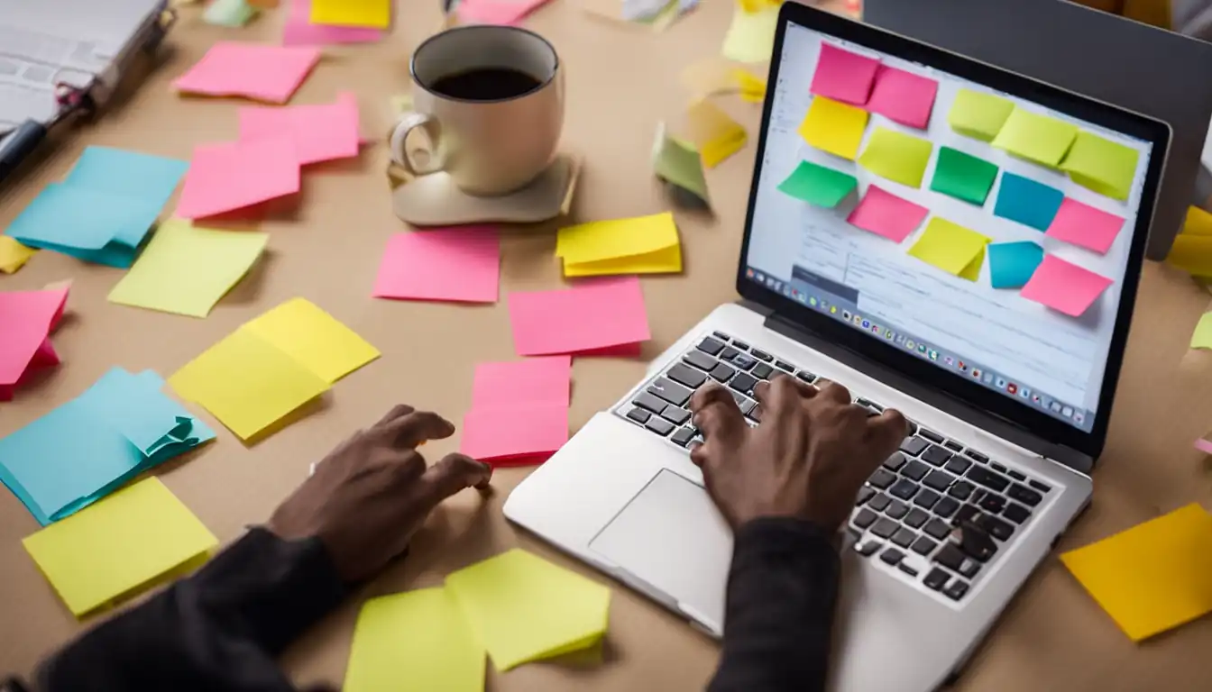 A person typing on a laptop surrounded by colorful sticky notes and brainstorming ideas.