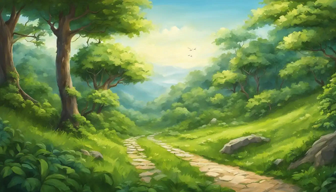 A serene landscape with a winding path leading through a lush green forest under a clear blue sky.