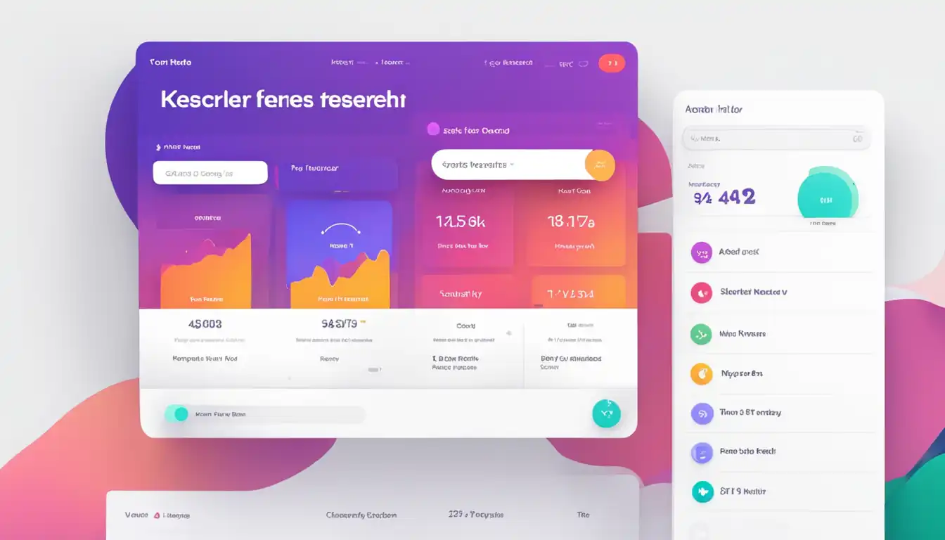 A sleek, modern keyword research tool interface with vibrant colors and intuitive design.