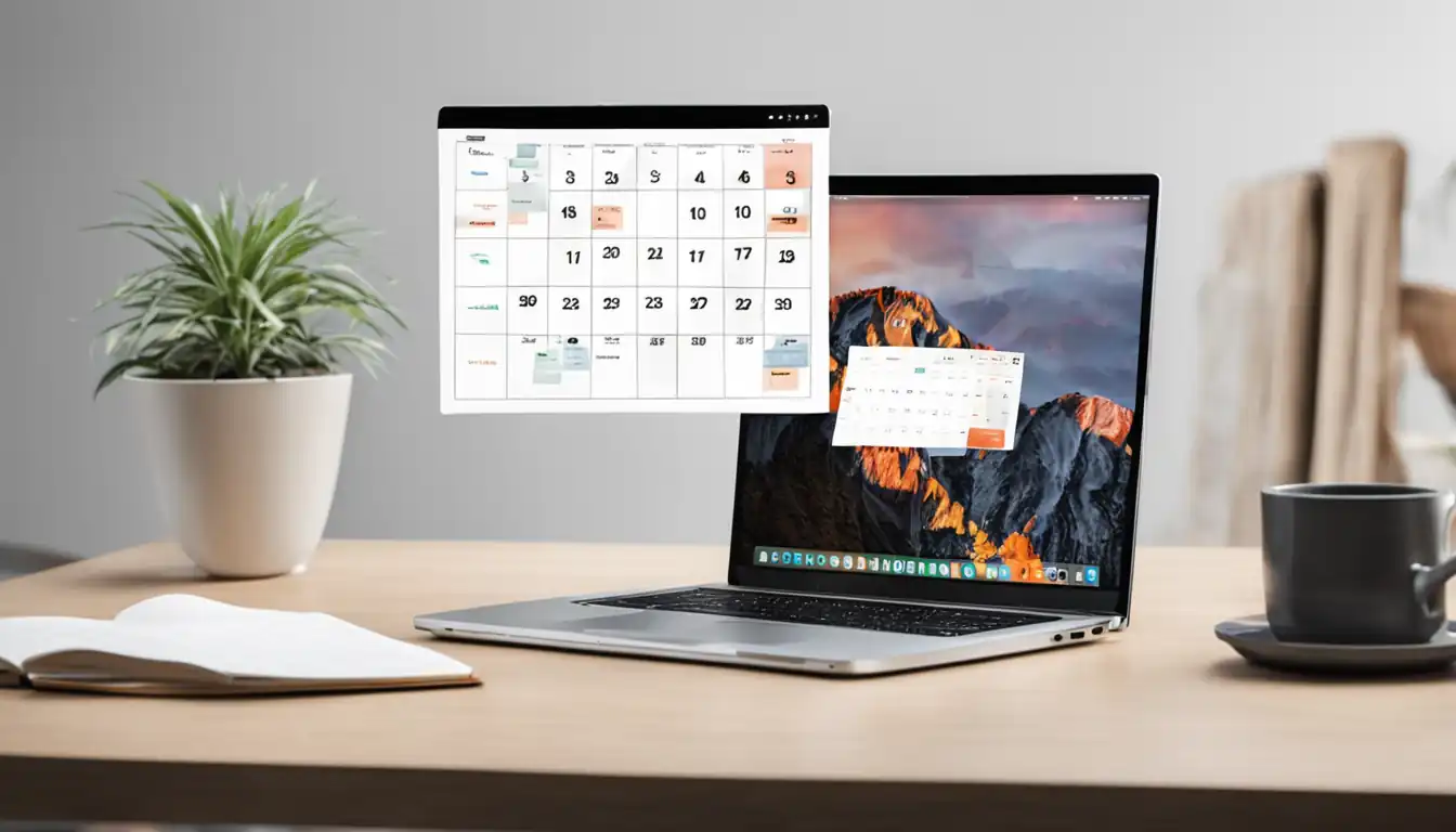 A sleek, modern laptop displaying a visually pleasing, well-organized content calendar for SEO optimization.