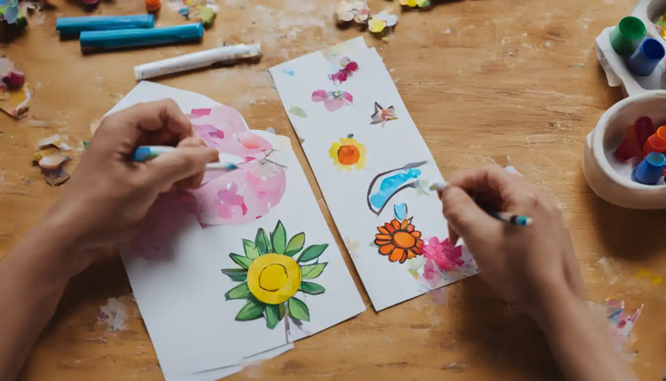 A person creating a personalized greeting card with colorful markers and stickers on a wooden table.