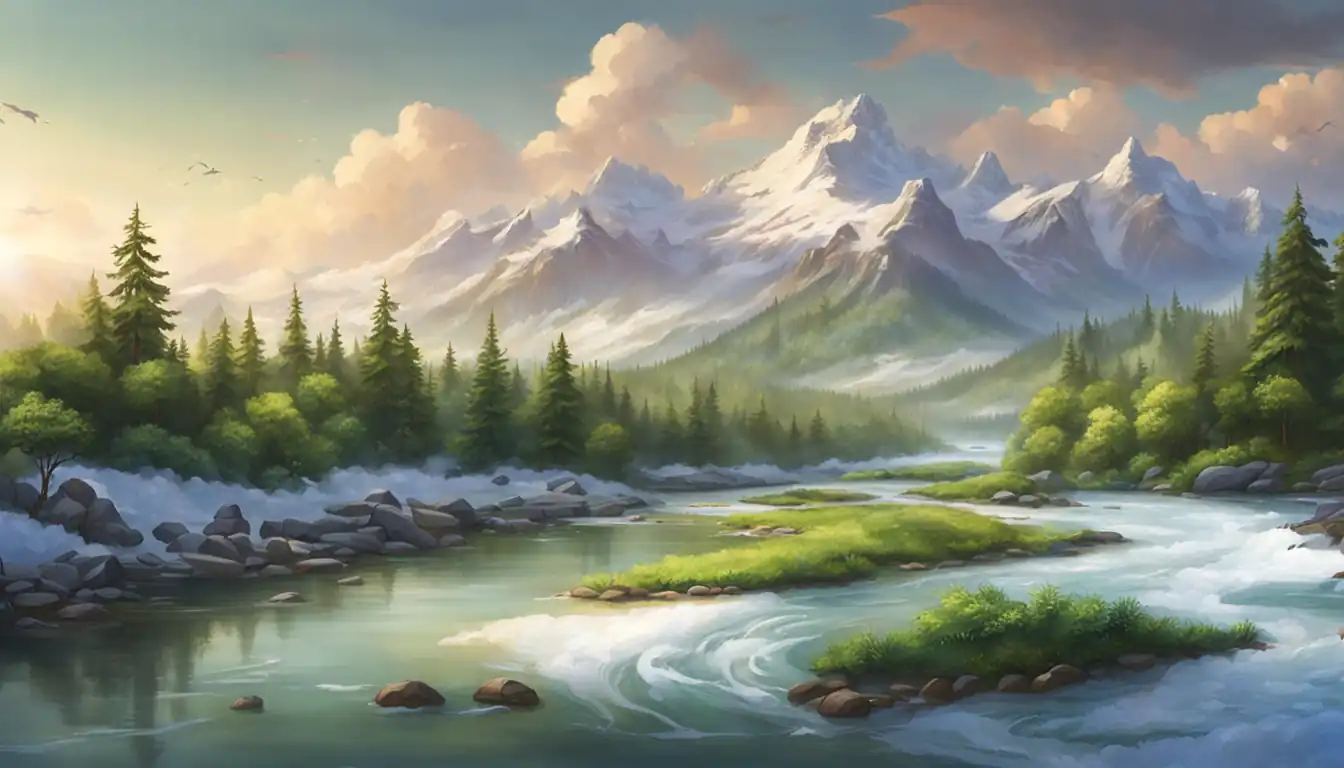 A serene landscape with a winding river surrounded by lush green forests and snow-capped mountains.