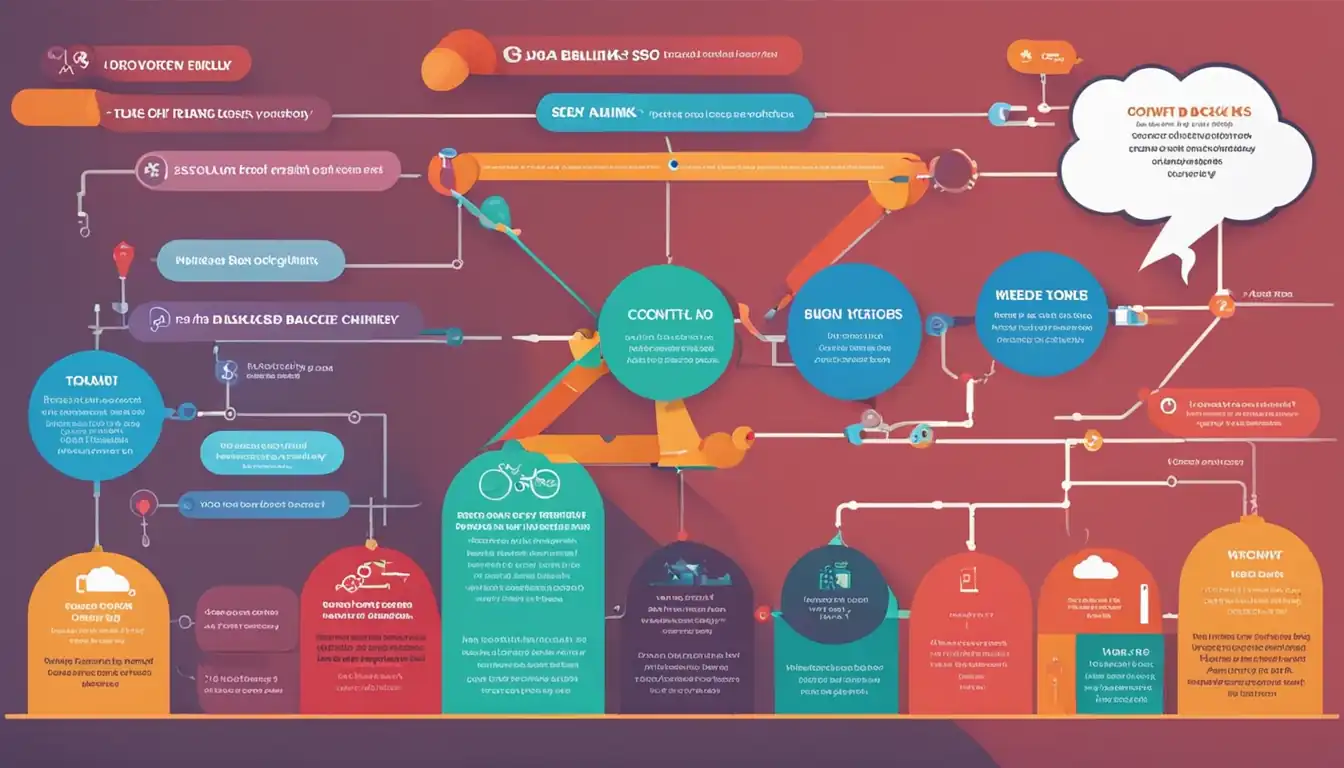 A colorful infographic showing the relationship between keywords, content, and backlinks in SEO strategy.