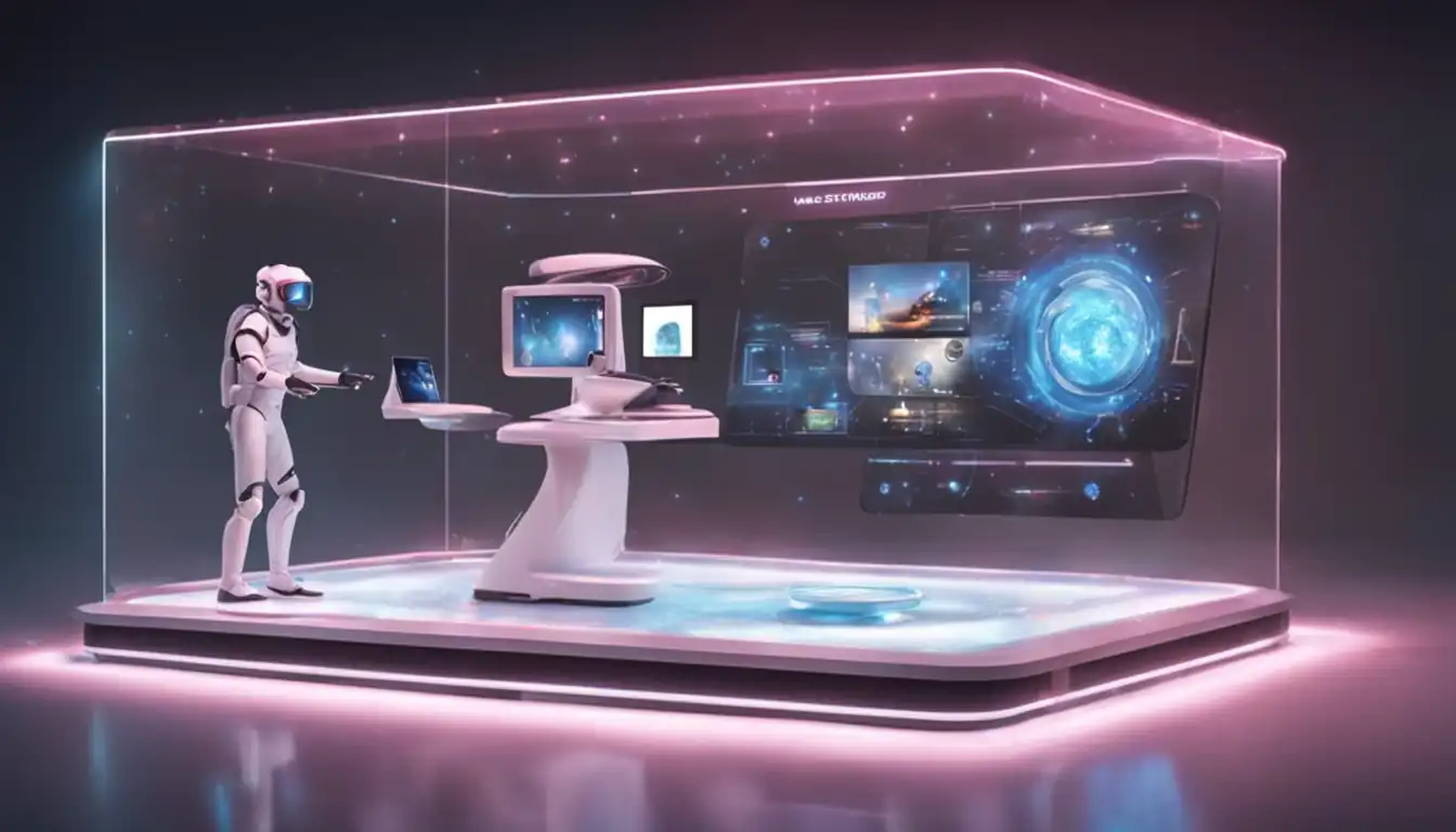 A futuristic holographic display showcasing interactive and engaging content for marketing purposes.