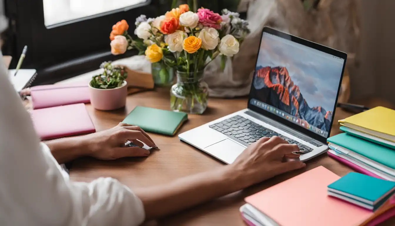 A person writing on a sleek, modern laptop surrounded by colorful notebooks and fresh flowers.