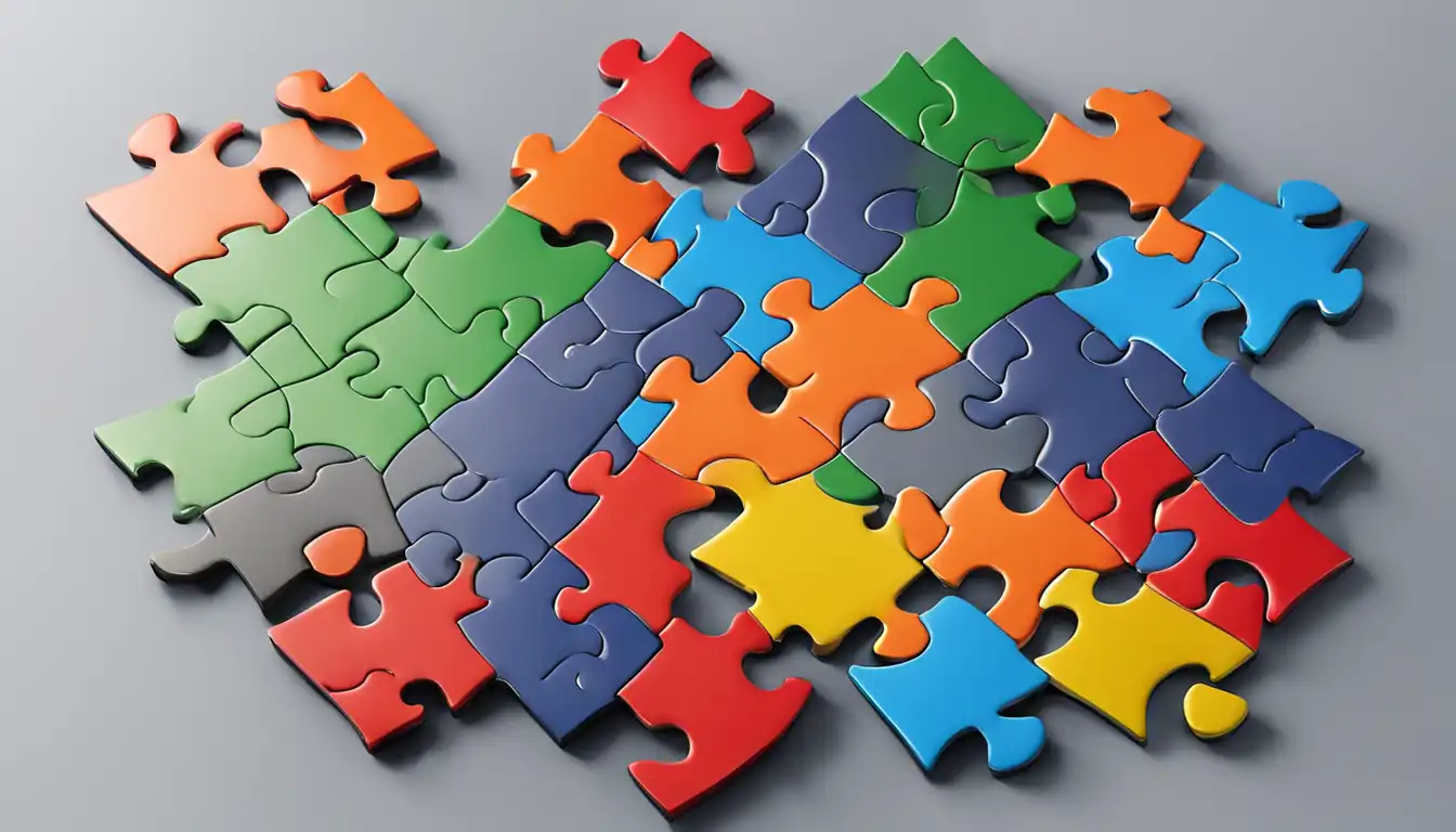 A colorful puzzle piece fitting perfectly into a larger puzzle, symbolizing cohesion and integration in topic clusters.