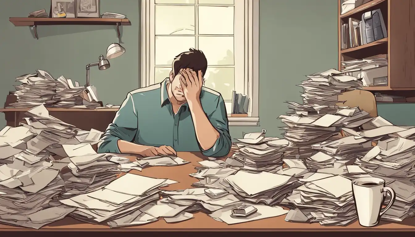 A person overwhelmed by a cluttered desk with scattered papers and empty coffee cups.