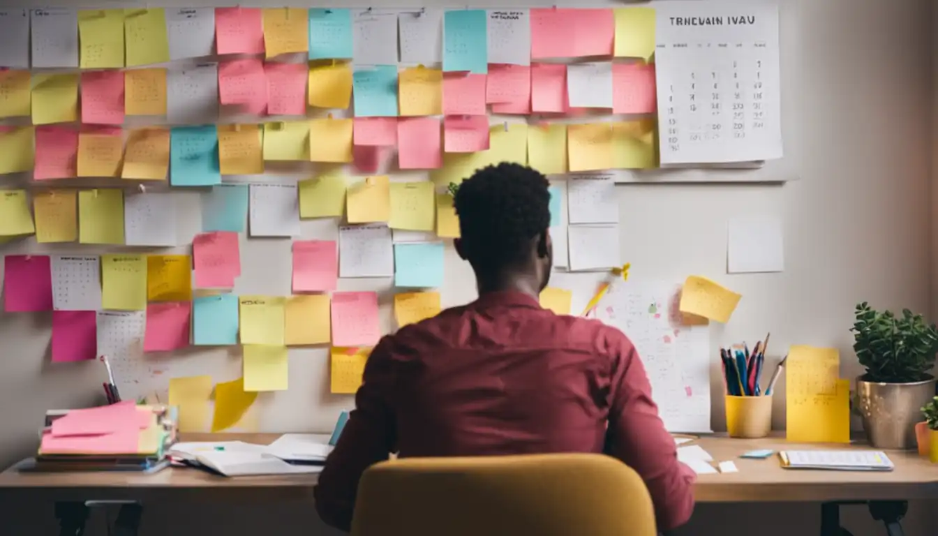 A person sitting at a desk surrounded by colorful sticky notes and a calendar, brainstorming content ideas.