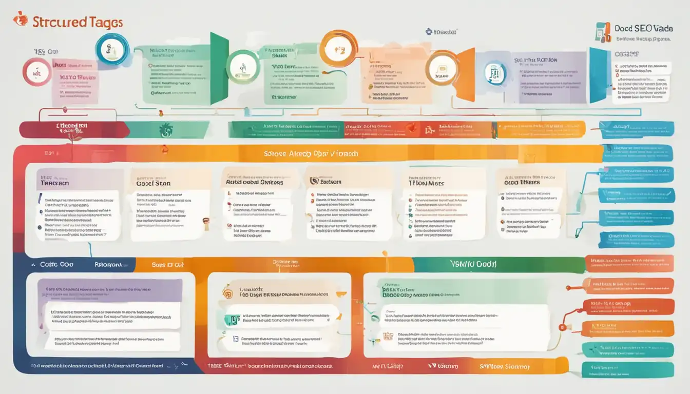 A colorful infographic showing the hierarchy of header tags and structured data for SEO optimization.