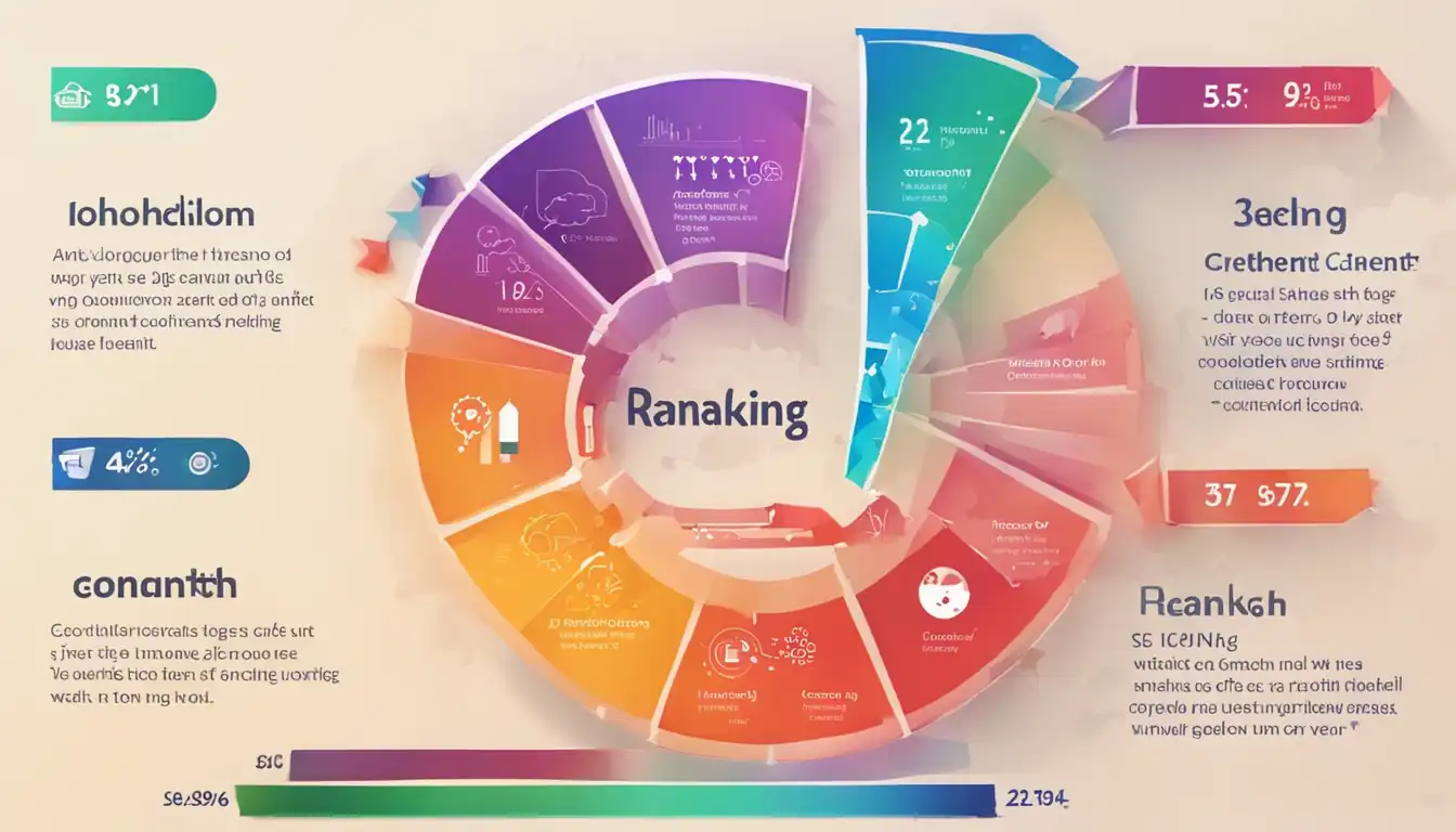 A colorful infographic showing the correlation between content length and SEO ranking, with a gradient background.