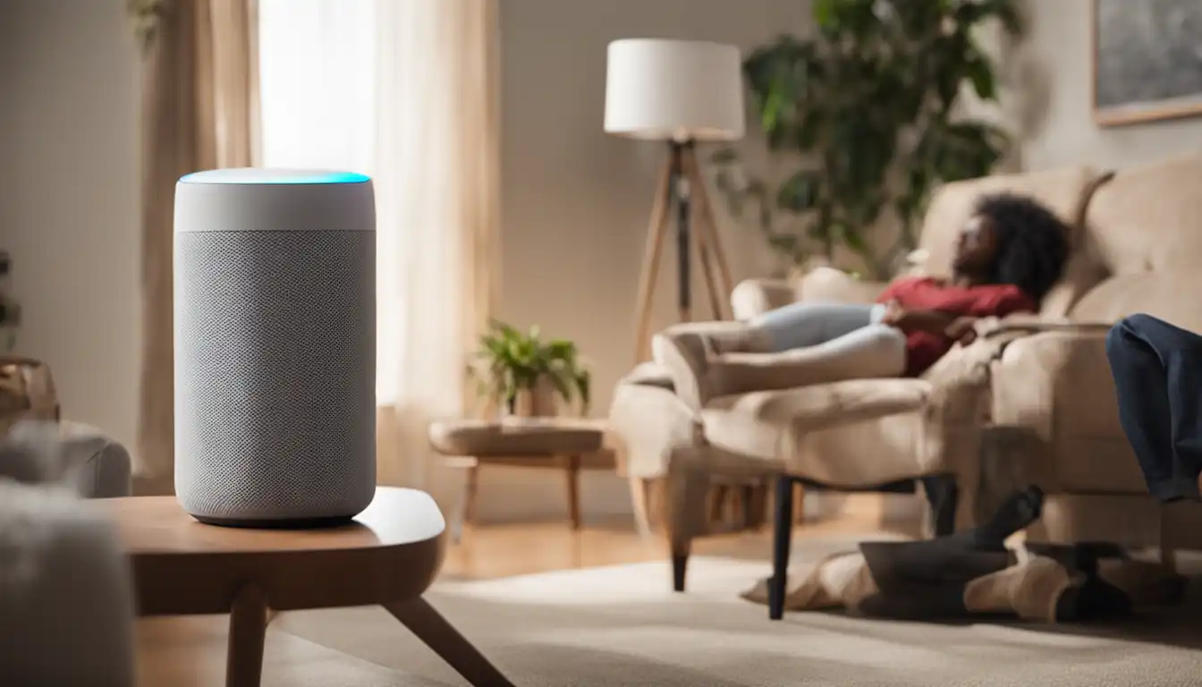 A person using a smart speaker in a modern, well-lit living room setting.