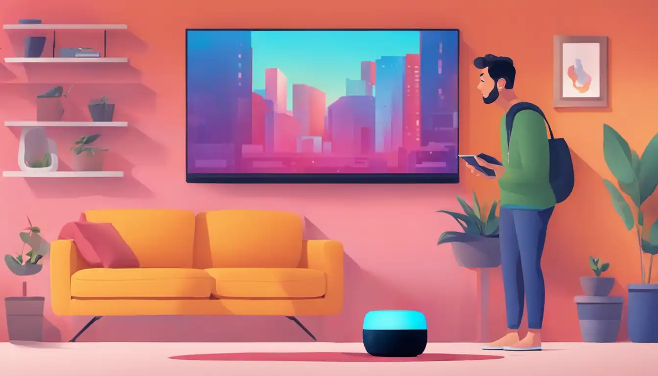 A person using a smart speaker to search for information, with a colorful and modern living room background.