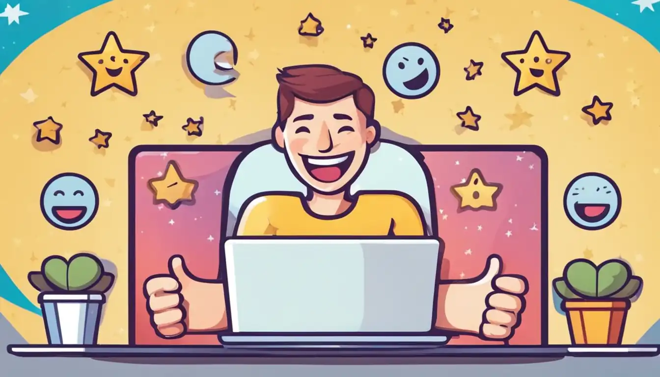 A smiling customer leaving a positive review on a laptop, surrounded by stars and thumbs-up emojis.