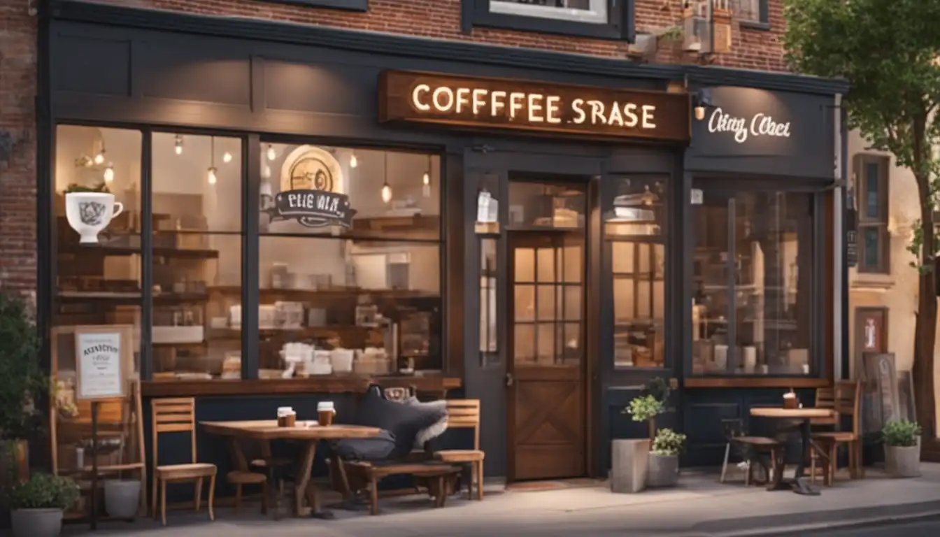 A cozy coffee shop with a welcoming storefront, outdoor seating, and a sign displaying the business name.