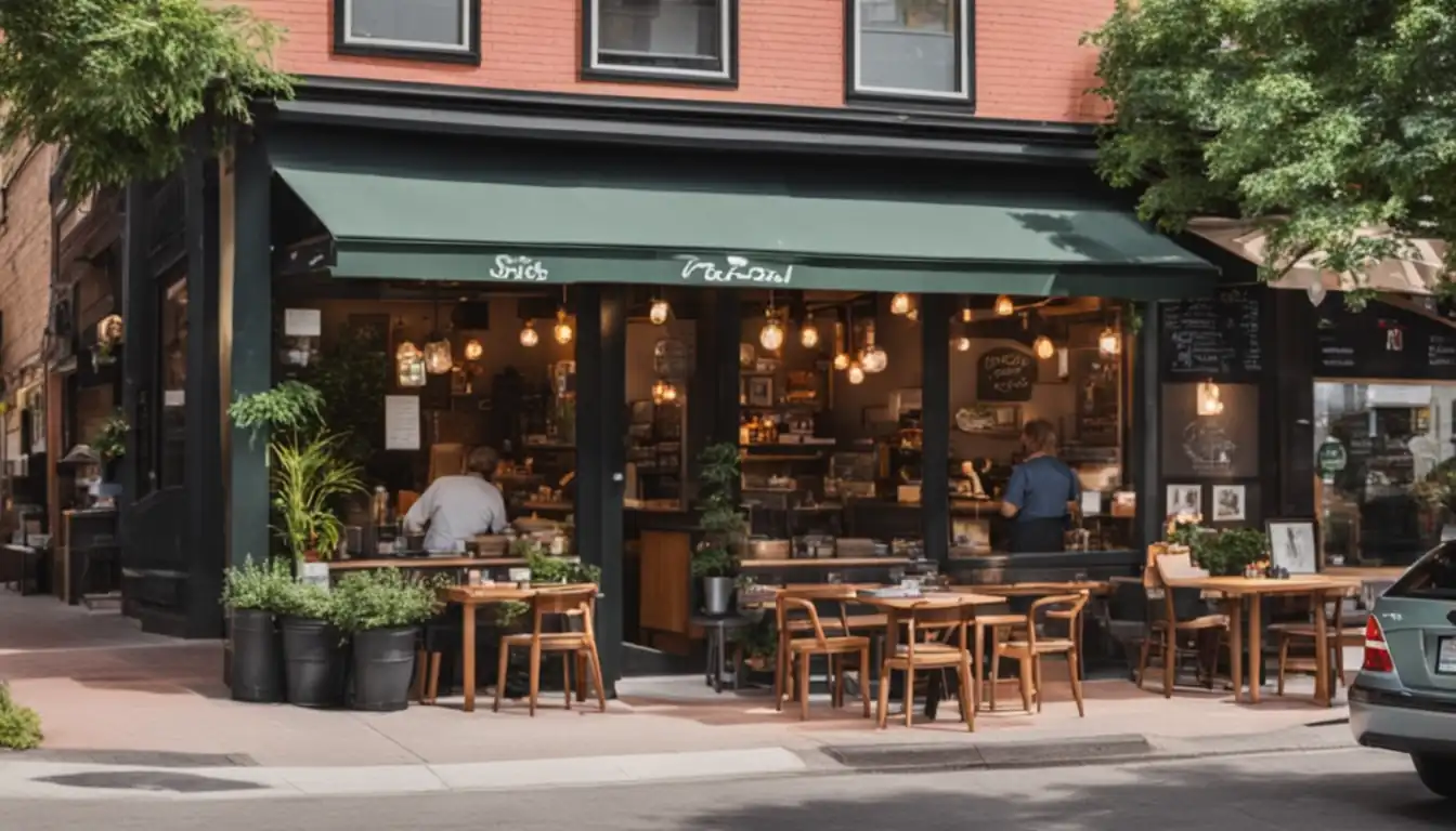 A cozy coffee shop with a welcoming storefront and outdoor seating, surrounded by local businesses and greenery.