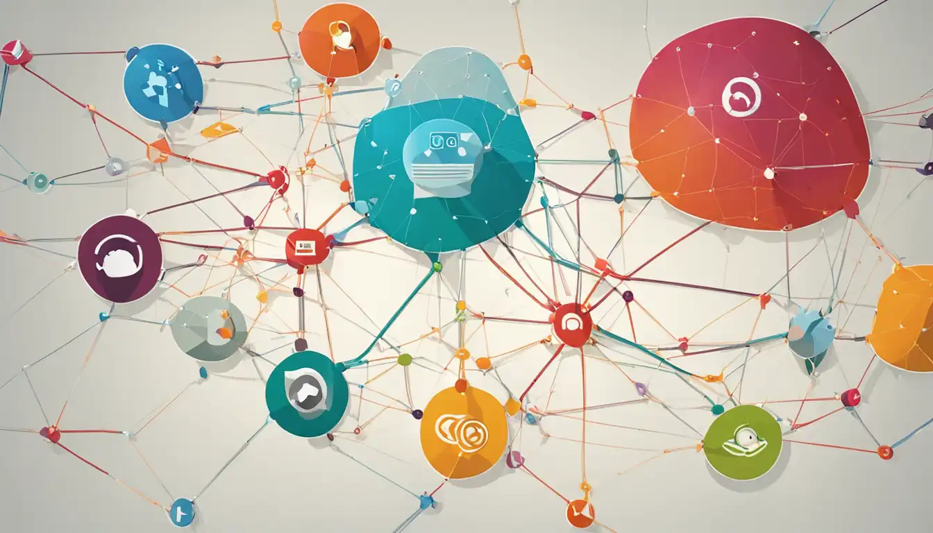 A colorful social media network map with interconnected lines and nodes, symbolizing SEO optimization strategies.