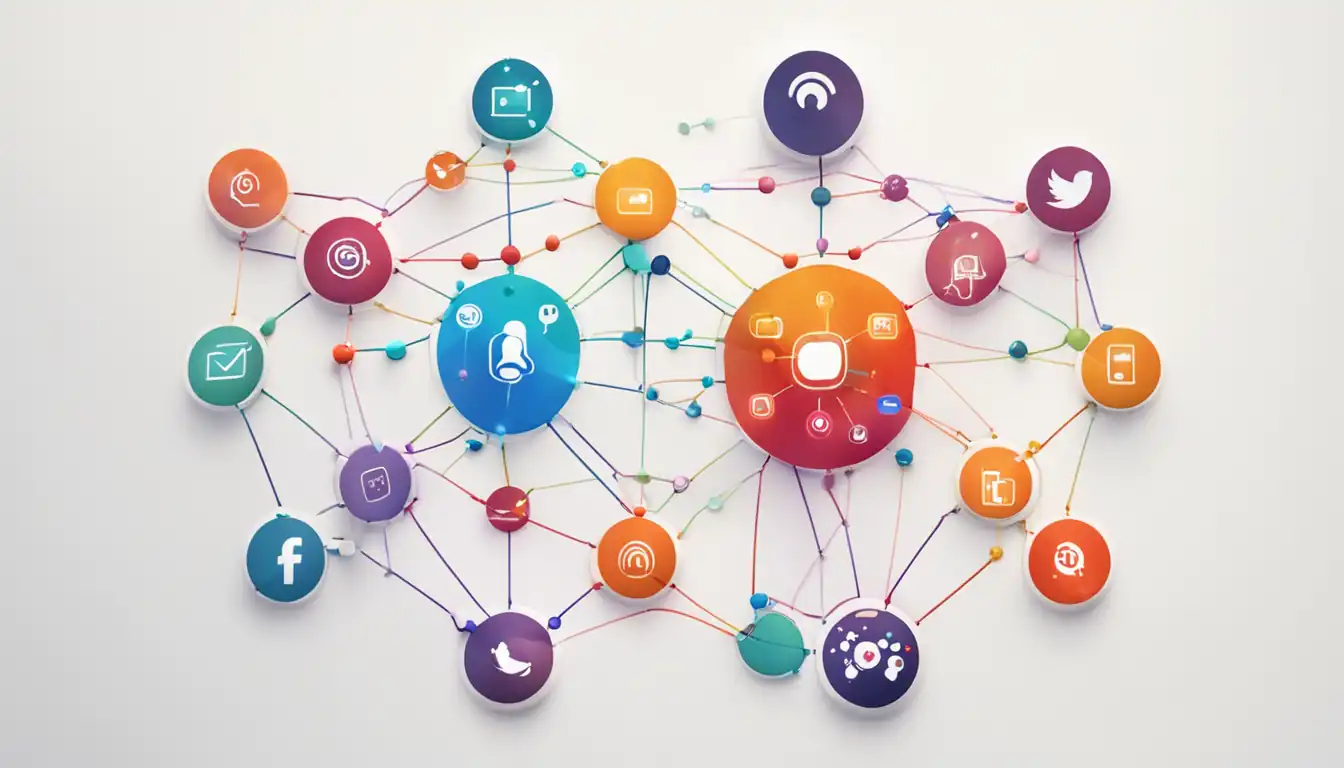 A colorful social media network diagram with interconnected lines and nodes, representing content distribution and engagement.