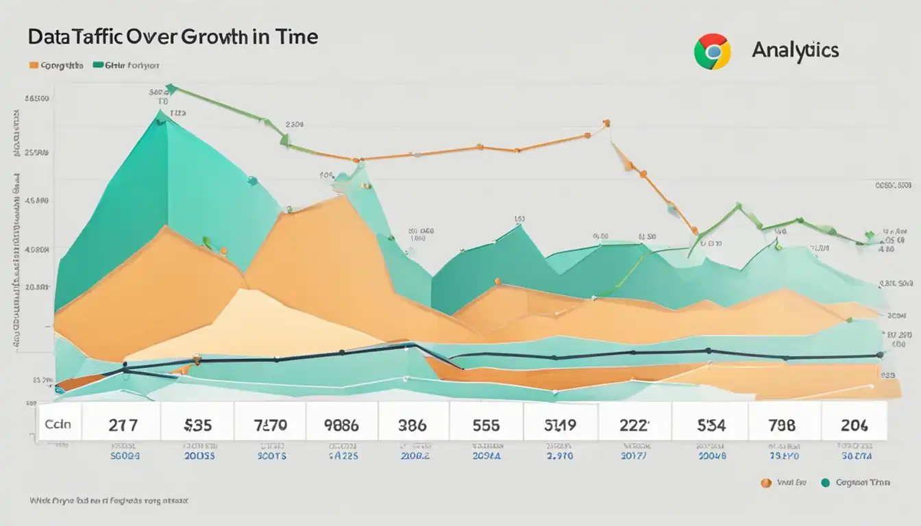 A colorful and organized data visualization chart showing website traffic growth over time in Google Analytics.