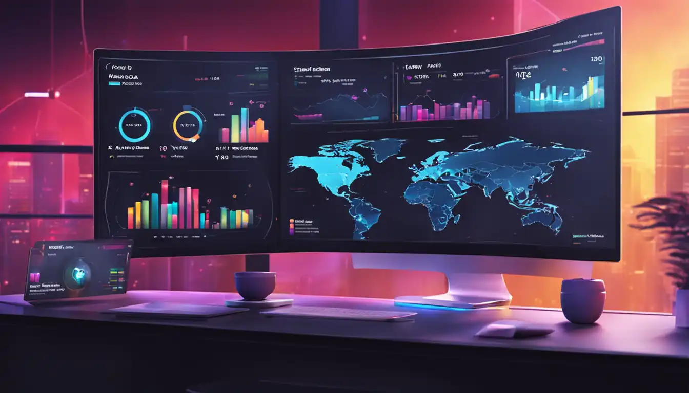 A futuristic, sleek dashboard displaying real-time website traffic data with colorful graphs and charts.