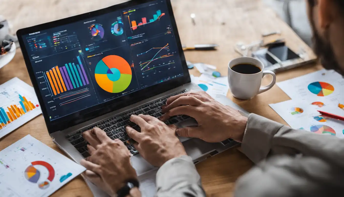 A person analyzing a colorful graph on a laptop, surrounded by charts and data visualizations.