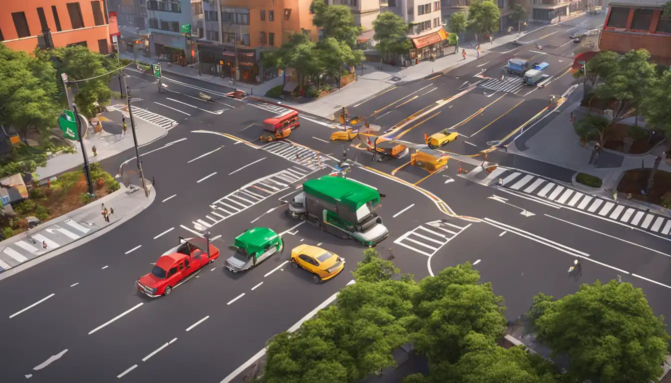 A colorful traffic light intersection with clear lanes and smooth flow of vehicles.