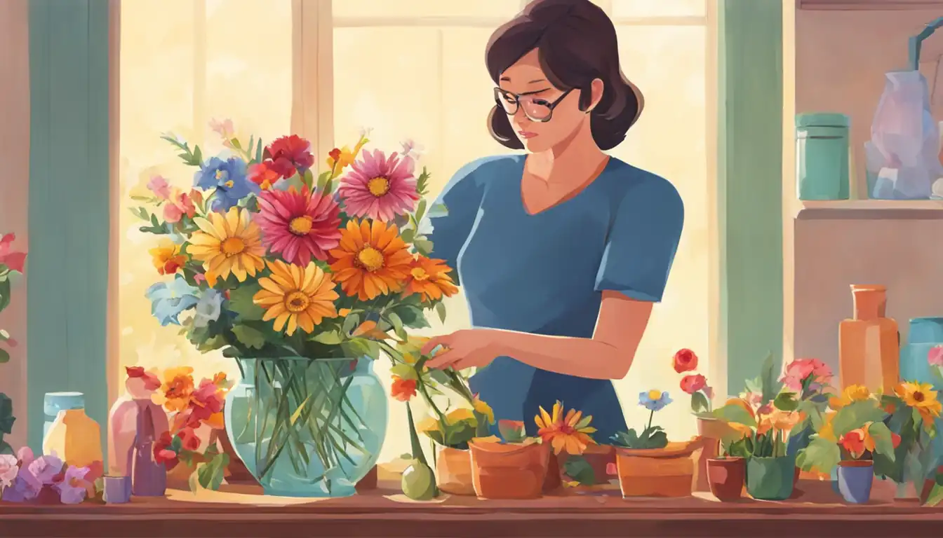 A person carefully selecting and arranging colorful flowers in a vase, showcasing attention to detail.