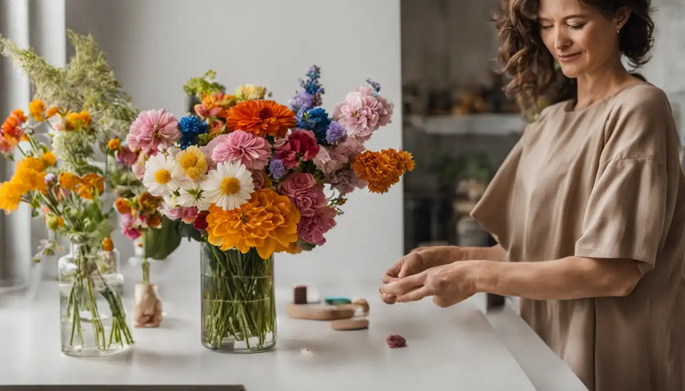 A person carefully selecting and arranging colorful flowers in a vase, showcasing the art of curation.