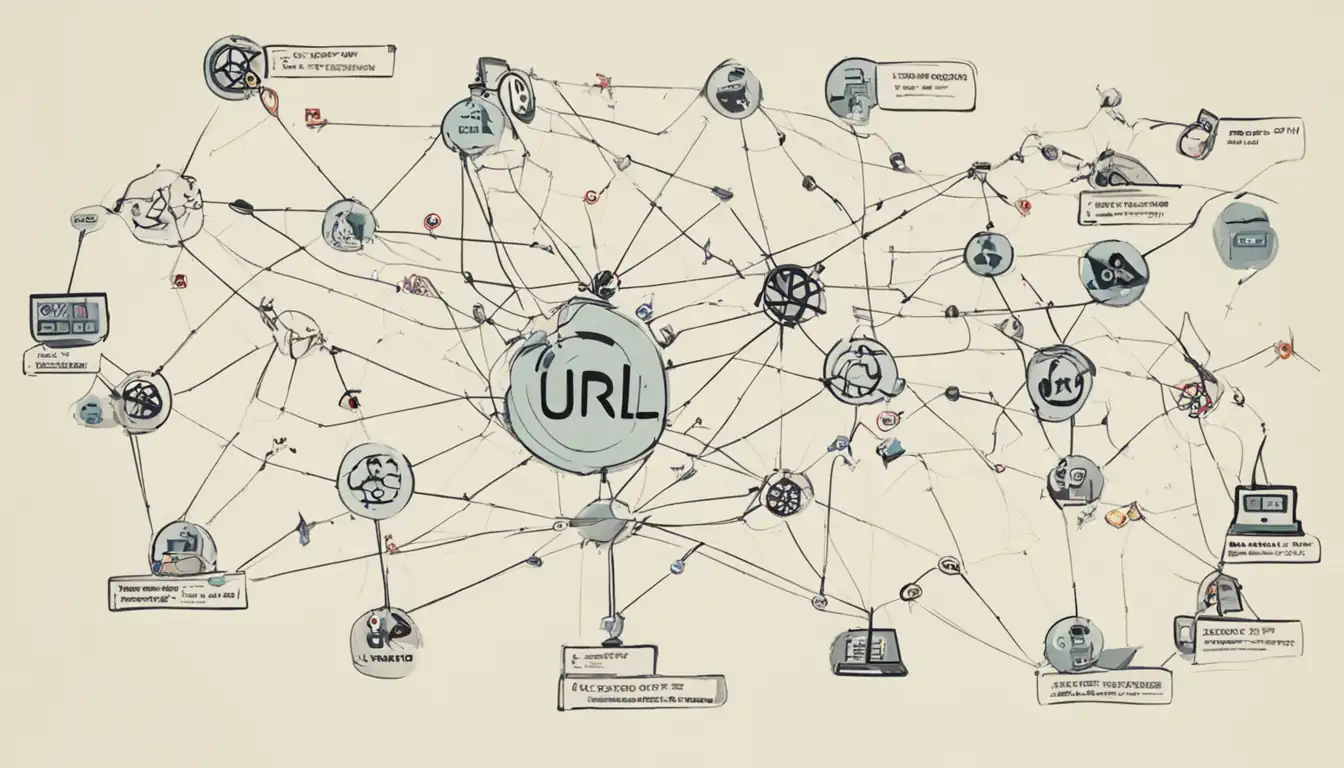 A tangled, confusing web of URLs with random symbols and numbers, representing poor URL structure.