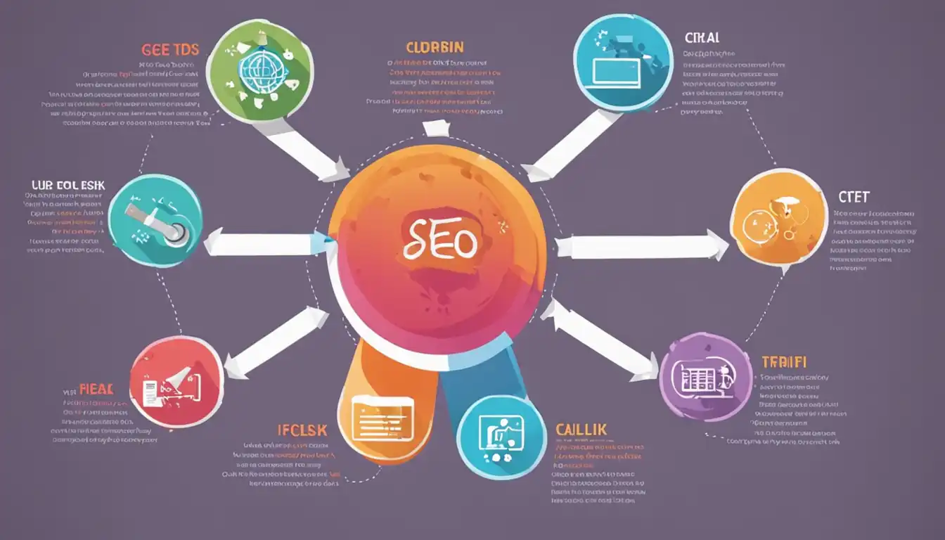 A colorful infographic showing the step-by-step process of optimizing a URL for SEO purposes.