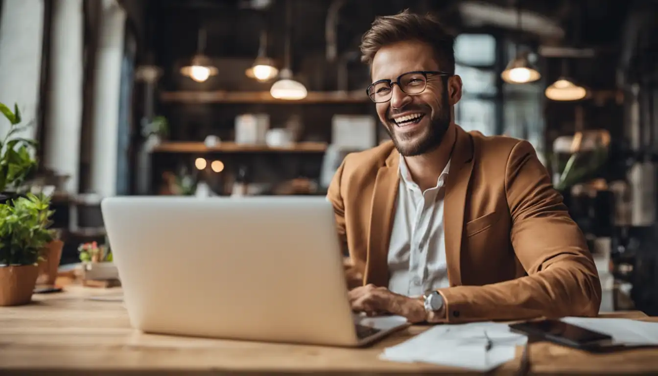 A smiling business owner watching their website traffic increase after implementing canonical tags correctly.