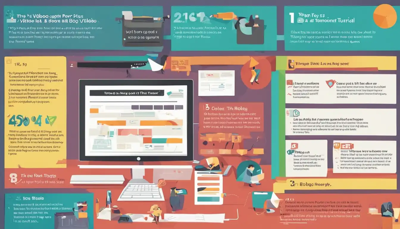 A colorful infographic showing the process of transforming a blog post into a video tutorial.