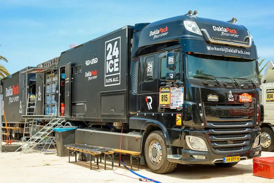 Black DaklaPack rally truck with logos and equipment, parked outdoors on a sunny day.